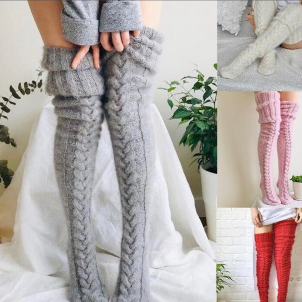 BURGUNDY Over the knee warm cable knit socks super soft